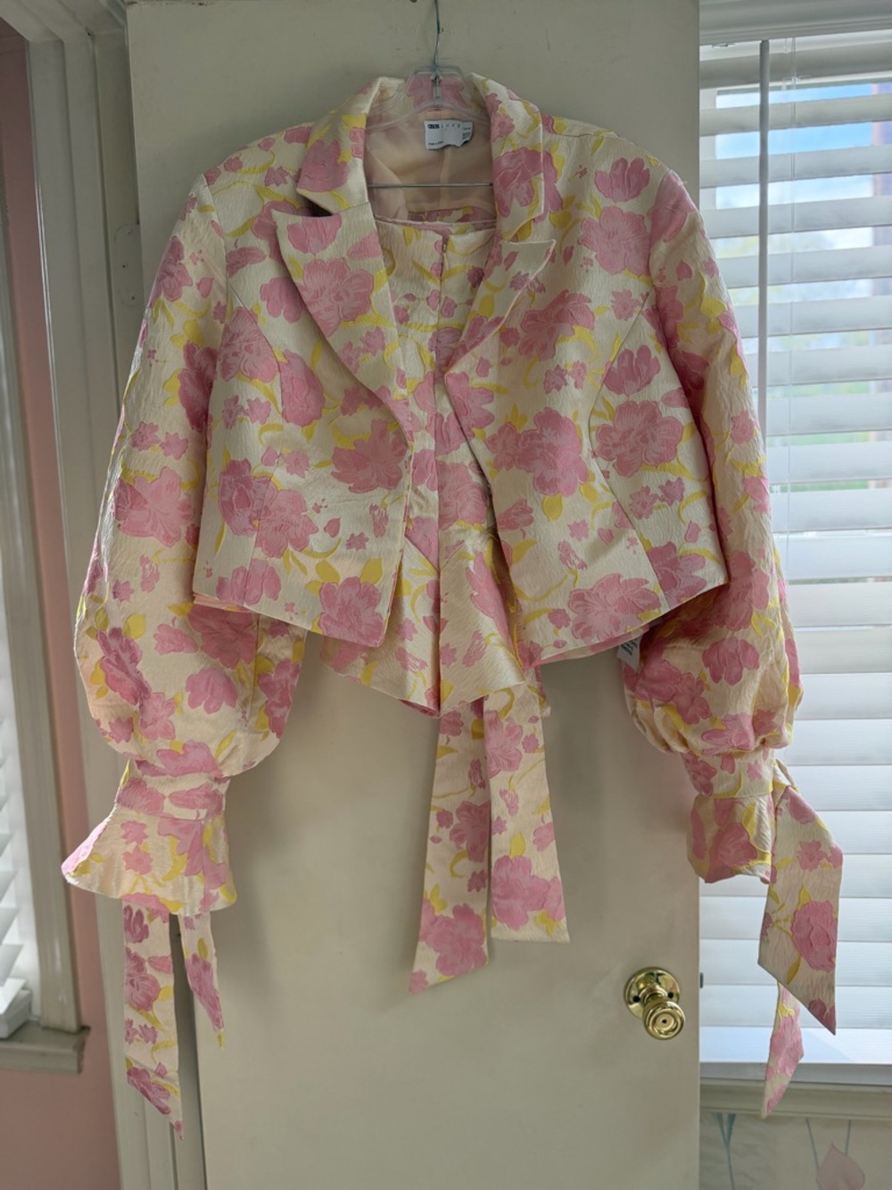 Floral Pink & Yellow Cropped Jacket with Tie Front and ruffled shorts